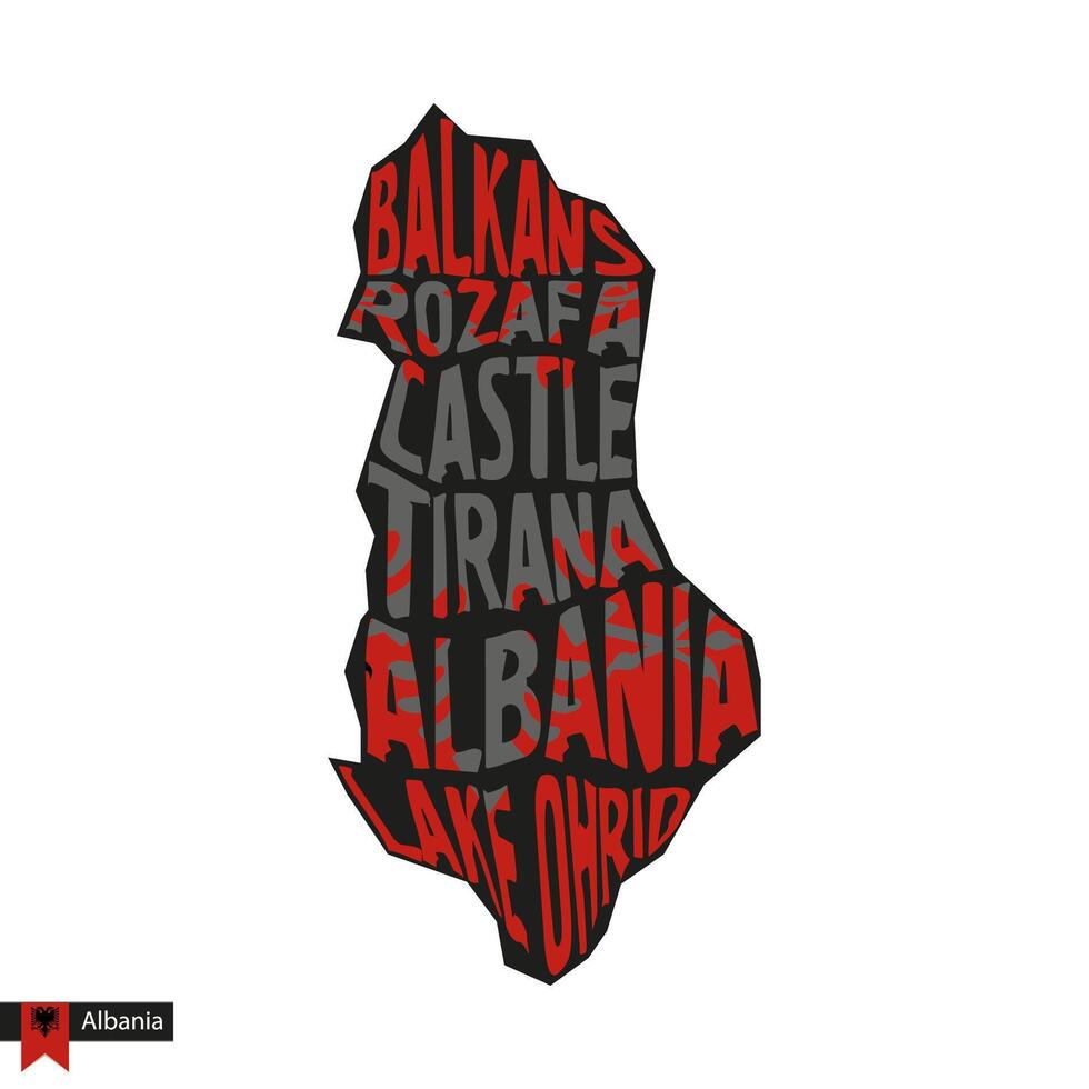 typographie carte silhouette de Albanie dans noir et drapeau couleurs. vecteur