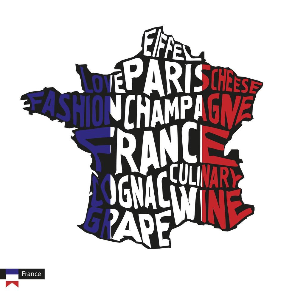 typographie carte silhouette de France dans noir et drapeau couleurs. vecteur