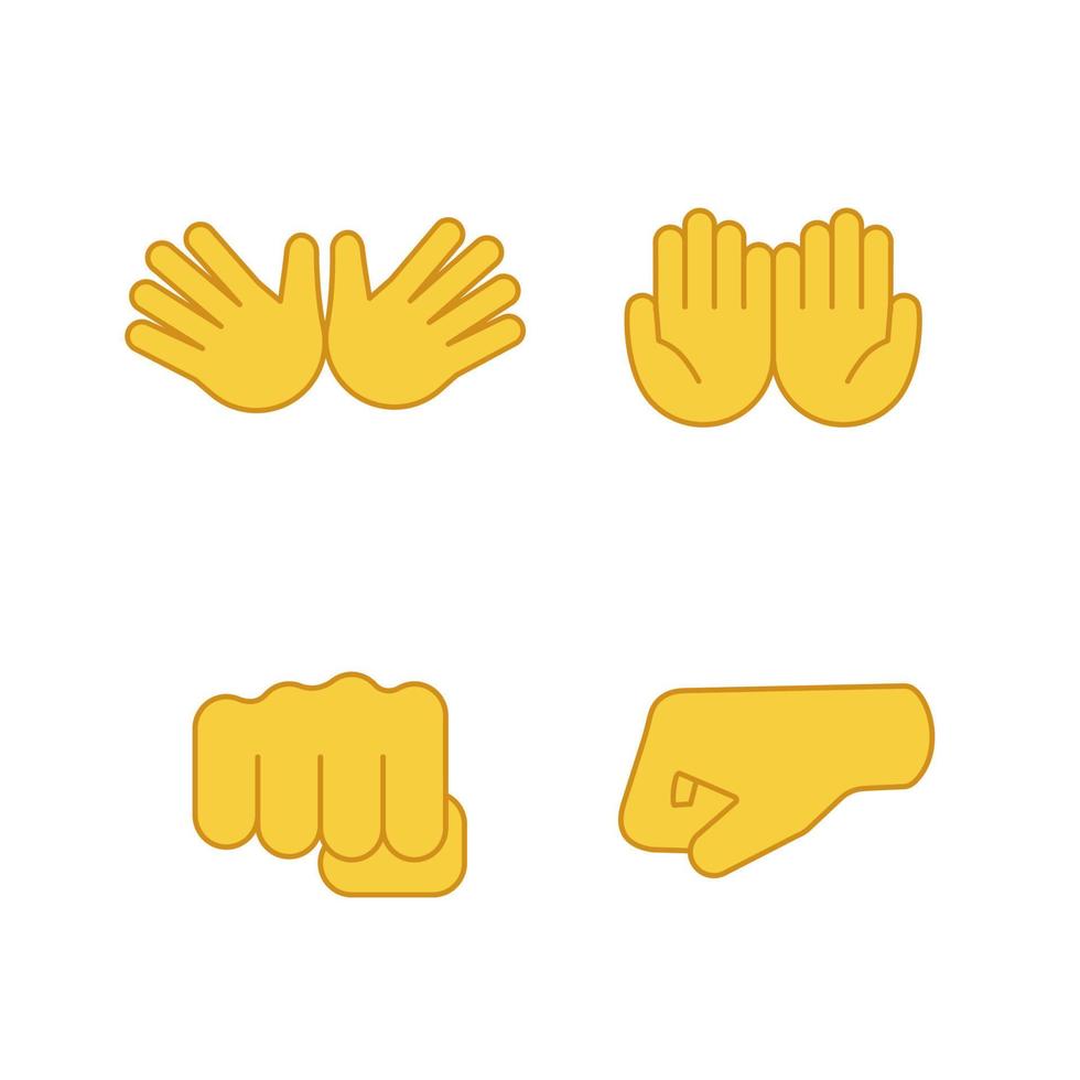 Ensemble d'icônes de couleur emojis geste de la main. jazz, étreinte, mendicité, gestes, coups de poing. paumes en coupe et ouvertes. illustrations vectorielles isolées vecteur
