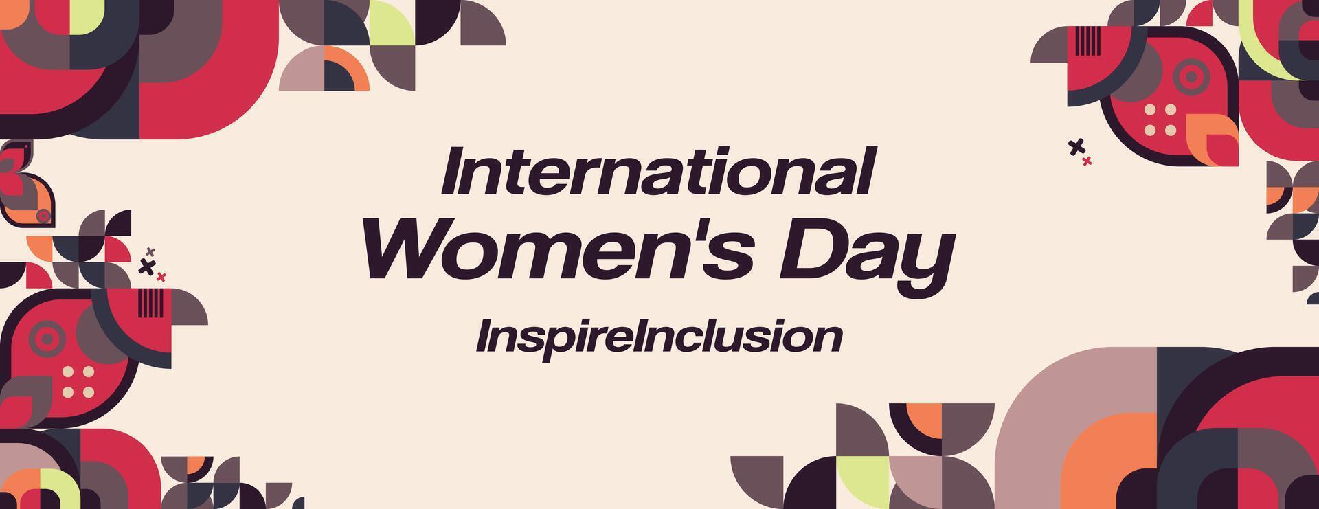 international aux femmes journée bannière. moderne géométrique Contexte dans coloré style pour femmes journée. content aux femmes journée salutation carte couverture avec texte. content monde aux femmes journée 2024 pour inspirer inclusion vecteur