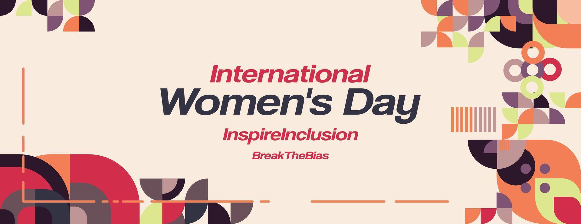 international aux femmes journée bannière. moderne géométrique Contexte dans coloré style pour femmes journée. content aux femmes journée salutation carte couverture avec texte. content monde aux femmes journée 2024 pour inspirer inclusion vecteur