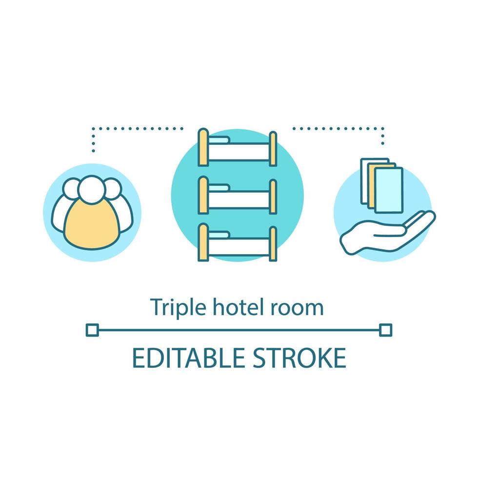 icône de concept de chambre d'hôtel triple. chambre pour amis, collègues avec lits simples, auberge. dortoir, auberge de jeunesse, illustration de fine ligne d'idée de motel. dessin de contour isolé de vecteur. trait modifiable vecteur