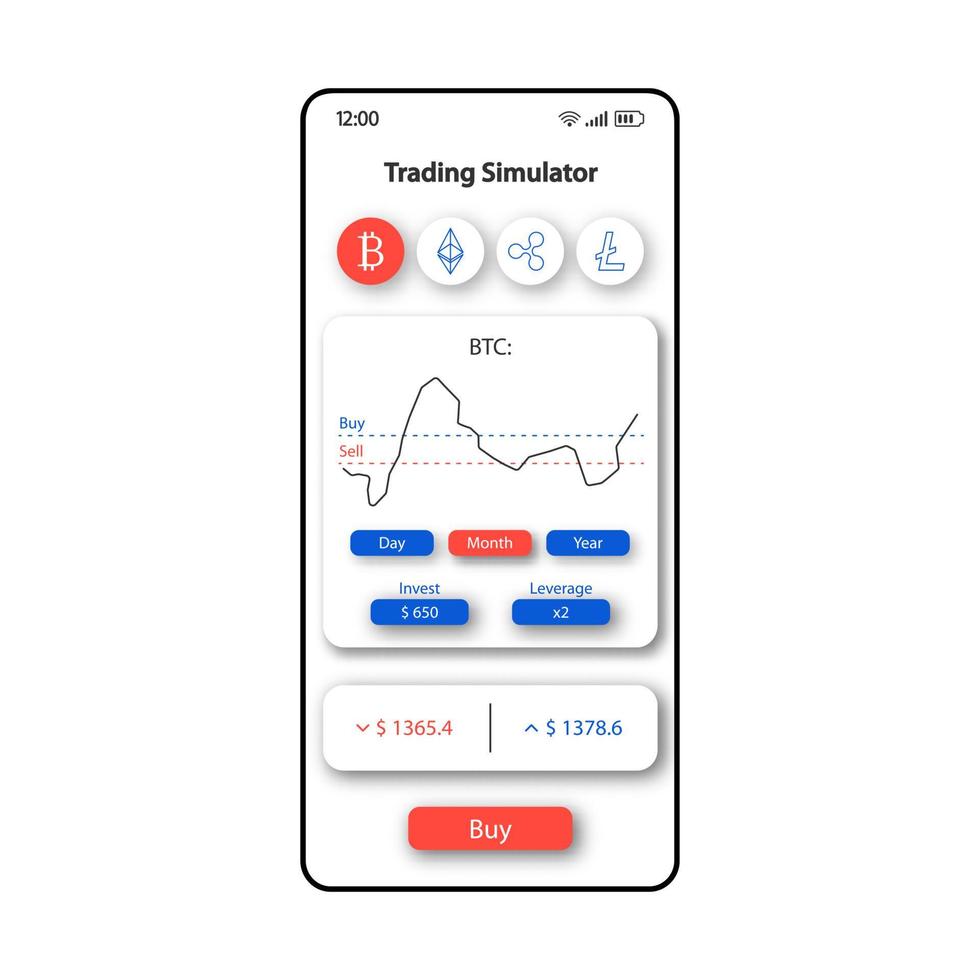 modèle vectoriel d'interface de smartphone de simulateur de trading. disposition de conception blanche de page d'application mobile. écran d'investissement bitcoin. interface utilisateur plate pour l'application. affichage du téléphone d'analyse de crypto-monnaie