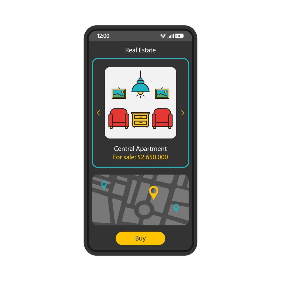 modèle vectoriel d'interface de smartphone d'application immobilière. page mobile de recherche d'appartement mise en page de conception noire. écran de chasse à la maison. application immobilière plate ui. emplacement de la propriété, localiser sur l'écran du téléphone