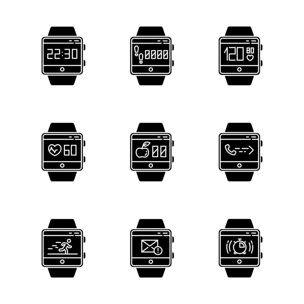 Fonctions de suivi de la condition physique ensemble d'icônes de glyphe. symboles de silhouette. capacités de smartwatch et services de bien-être. exécuter des applications de santé, suivre les étapes, illustration isolée de la fréquence cardiaque.vector vecteur