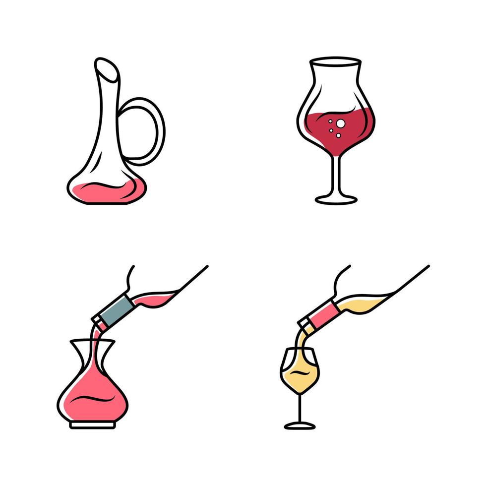 ensemble d'icônes de service de vin. boisson alcoolisée versant dans le verre. verres à vin, carafes. différents types de boissons apéritives. sommelier, barman. bar, vaisselle de restaurant. illustrations vectorielles isolées vecteur
