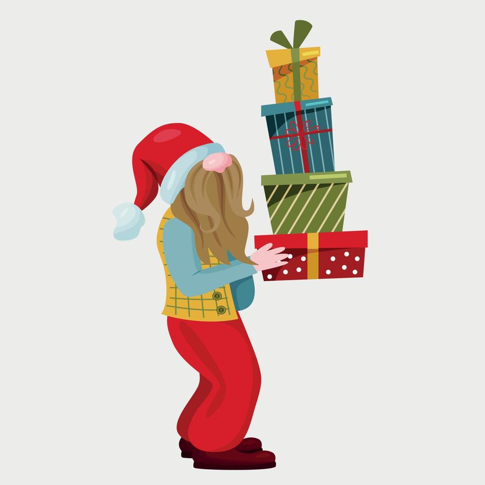 un fabuleux personnage de Noël porte des cadeaux dans ses mains. une illustration d'un petit gnome de dessin animé dans un costume aux couleurs vives. vecteur. vecteur