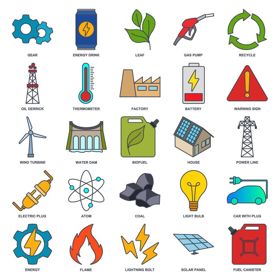 renouvelable énergie, vert La technologie icône ensemble, inclus Icônes comme lumière ampoule, dossier, solaire panneau, batterie et plus symboles collection, logo isolé vecteur illustration