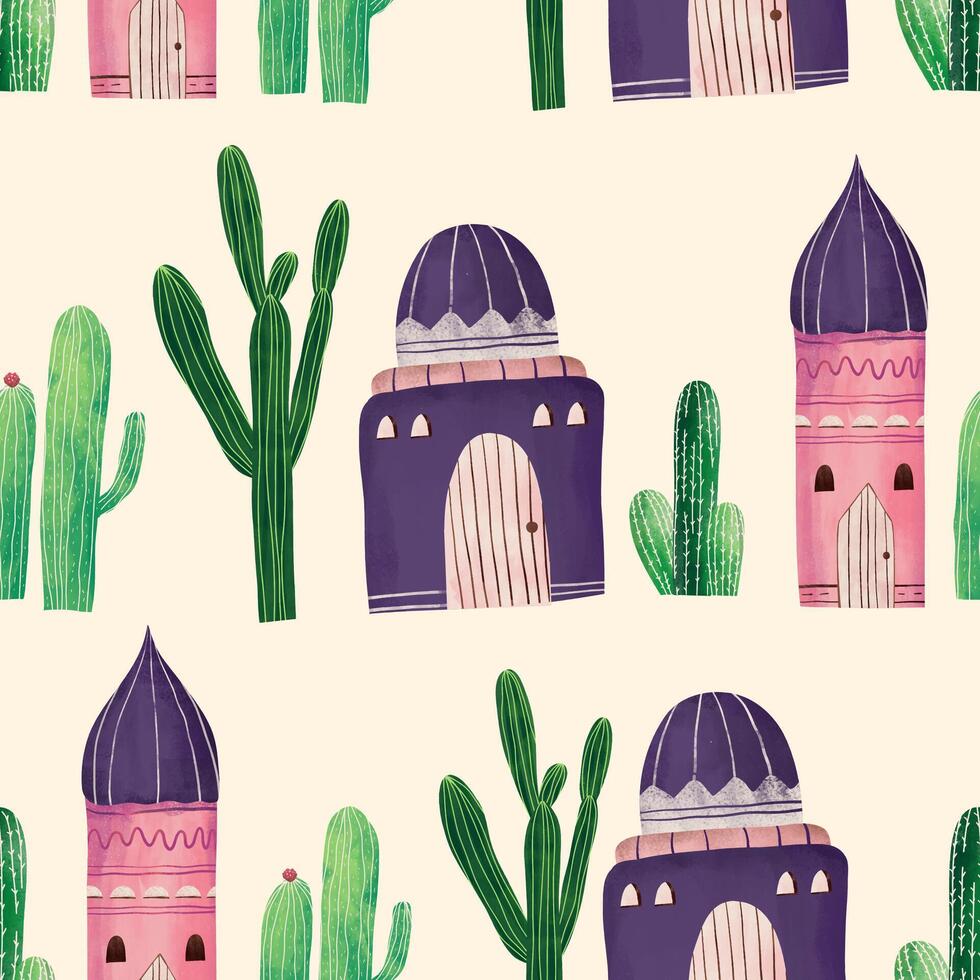 arabe loger, mosquée et cactus plante mignonne illustration modèle pour arrière-plan, fond d'écran, texture. vecteur