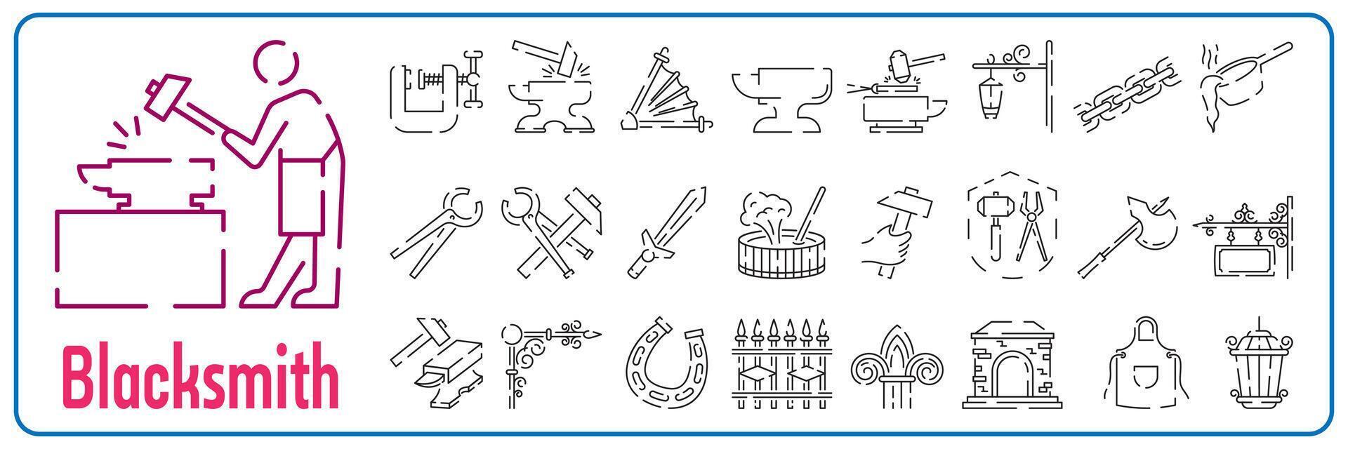 forgeron ligne icône ensemble. artisanat enclume avec marteau ligne art vecteur icône pour Jeux et sites Internet.