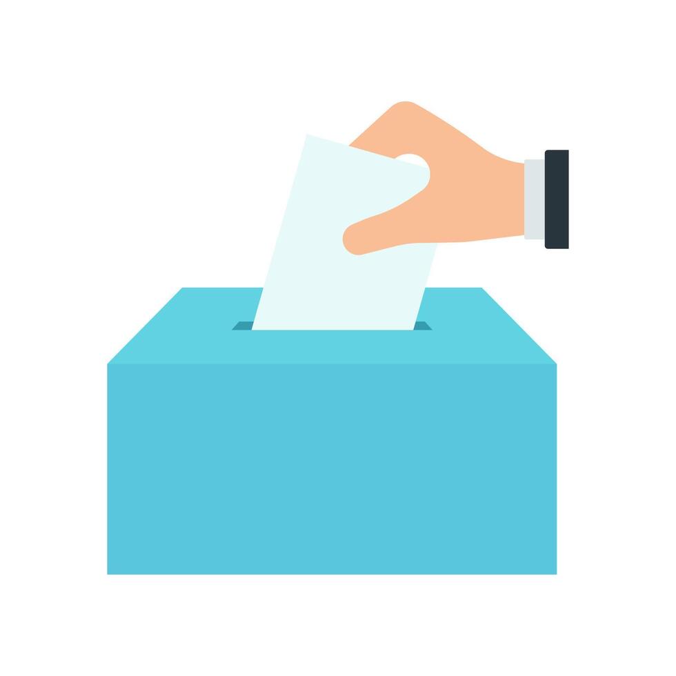 main vote scrutin boîte icône. main en mettant papier dans le scrutin boîte. vote concept. vecteur illustration. élection et la démocratie campagne. numérique ou en ligne voter signe.