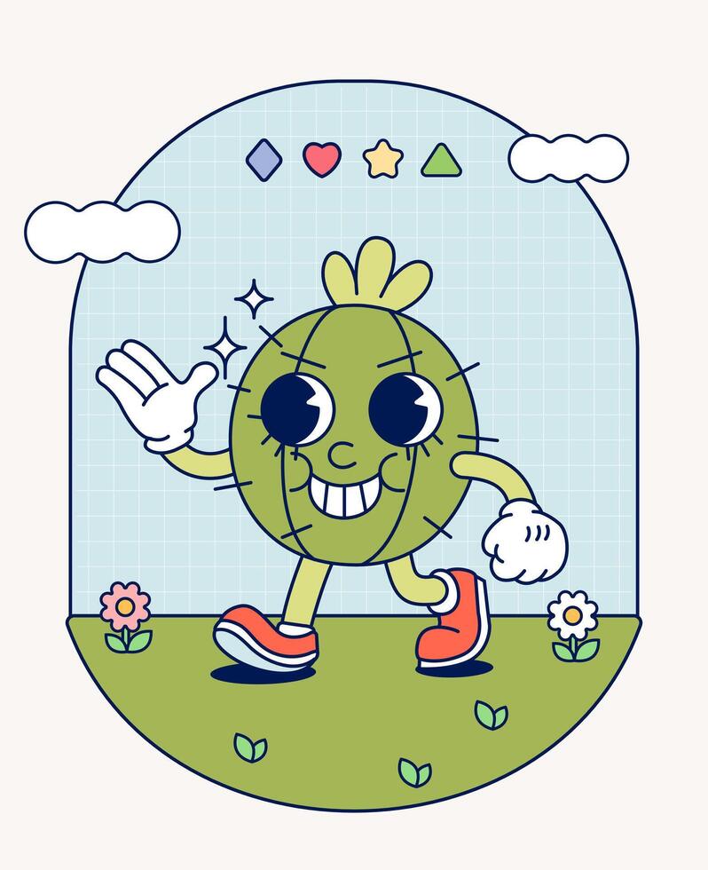 cactus rétro personnage mascotte ancien branché main dessiner marrant griffonnage bande dessinée collection vecteur