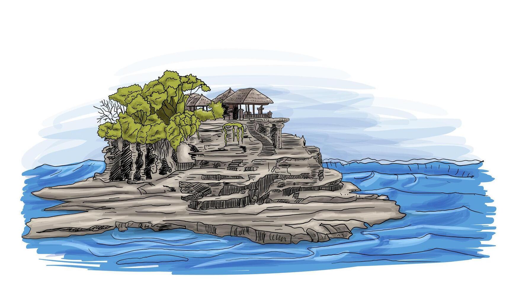 pantalon Tanah lot bali Indonésie dessin animé main tiré illustration vecteur