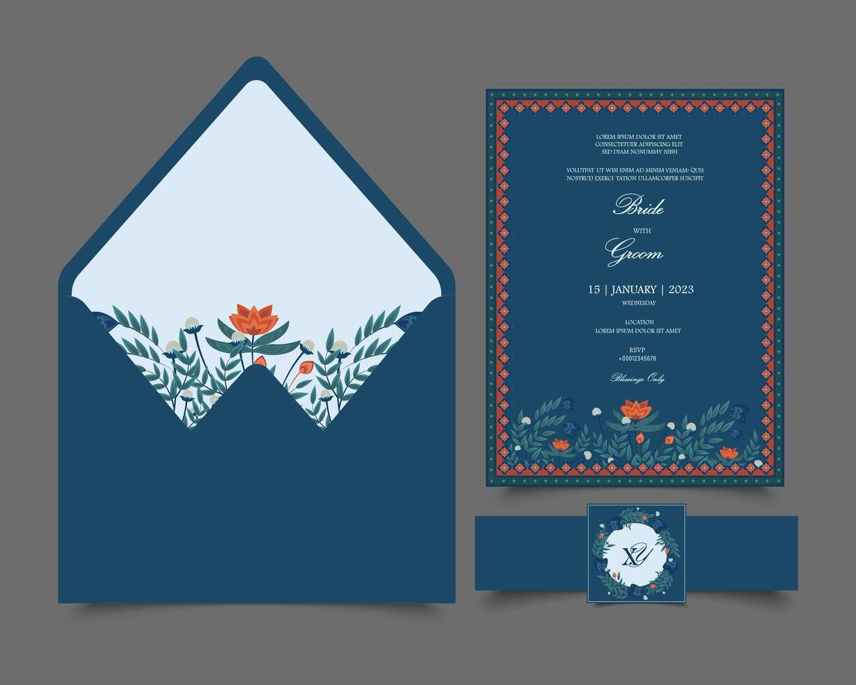 floral mariage invitation ensemble modèle dans printemps thème. ensemble de Trois invitation papeterie comprenant une carte, enveloppe et une autocollant avec bande ventrale vecteur