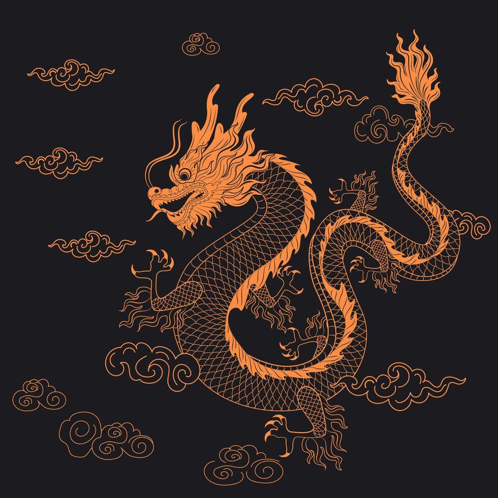 chinois dragon ligne art vecteur avec d'or et foncé Contexte