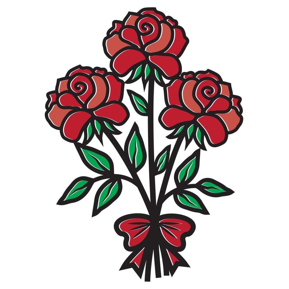 bouquet de rouge Rose fleurs avec une arc avec une noir contour, isolé vecteur illustration