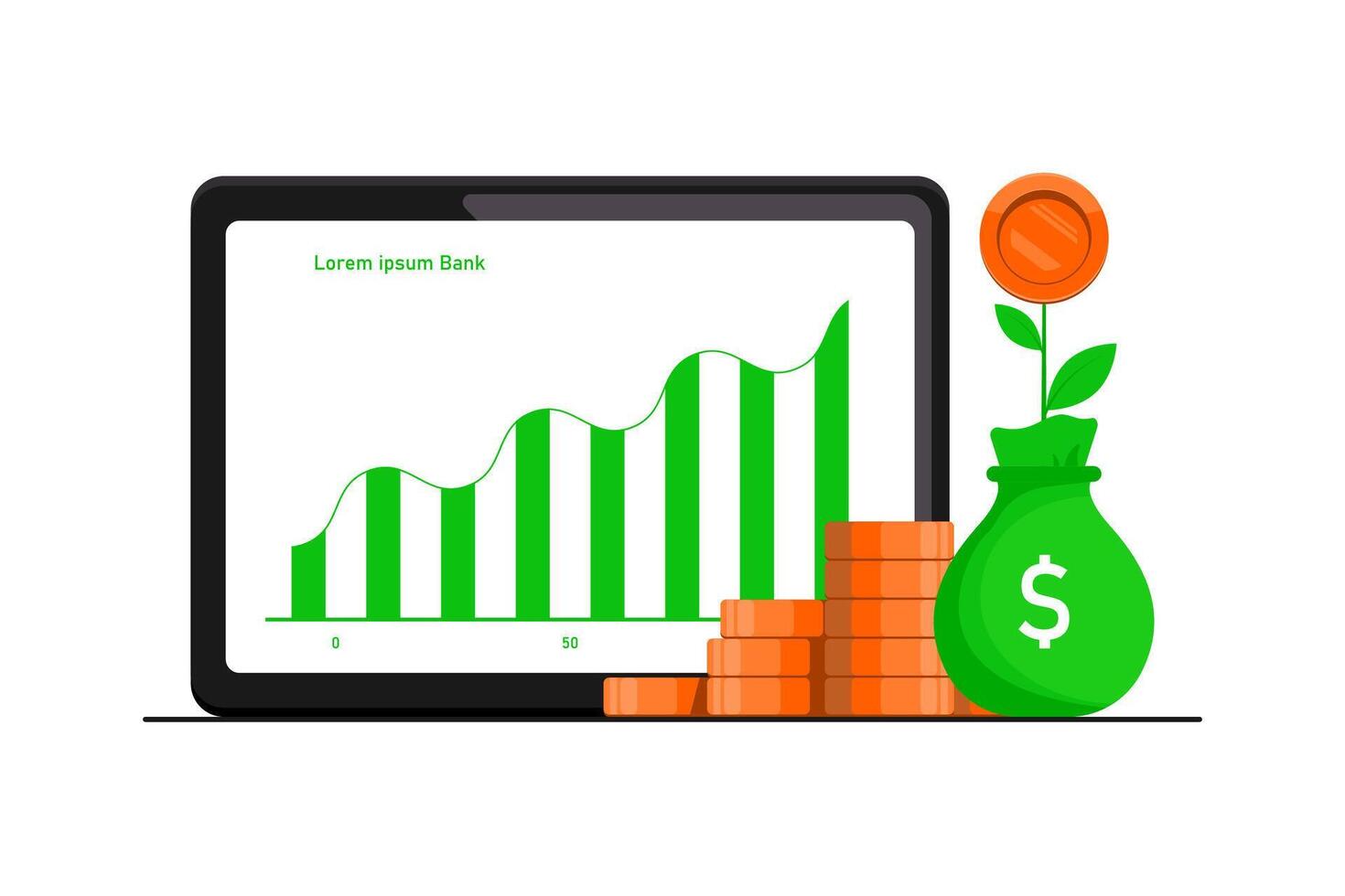 numérique financier croissance concept, une analyse en ligne financier système avec tablette, or pièce de monnaie, en espèces sur isolé arrière-plan, numérique commercialisation illustration. vecteur