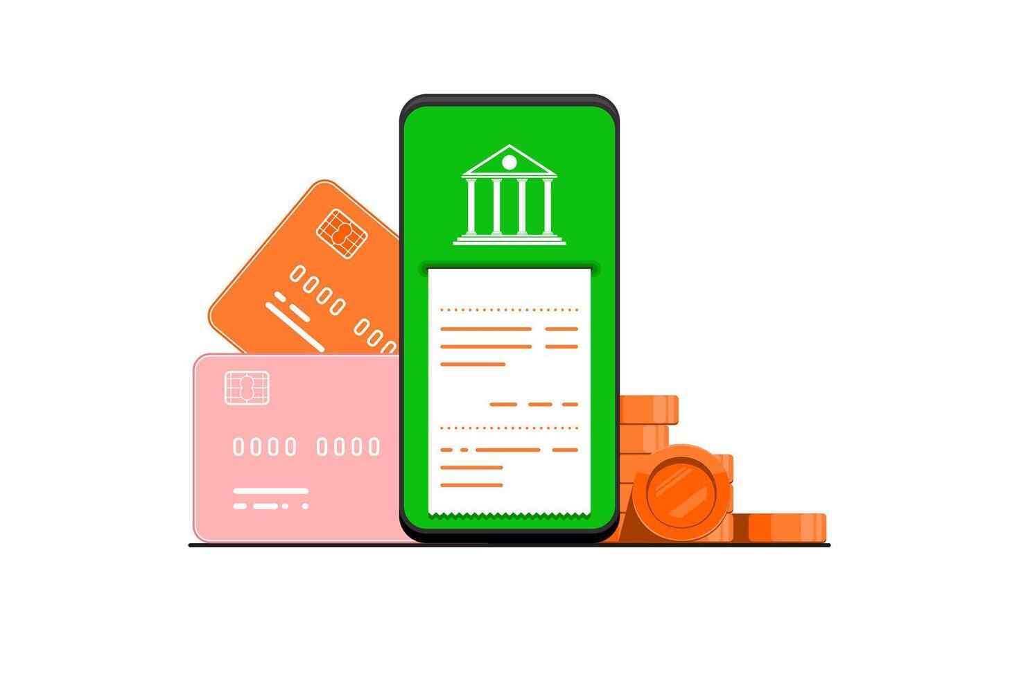 Paiement financier en ligne, téléphone intelligent avec le reçu facture, crédit carte, or pièce de monnaie sur isolé arrière-plan, numérique commercialisation illustration. vecteur