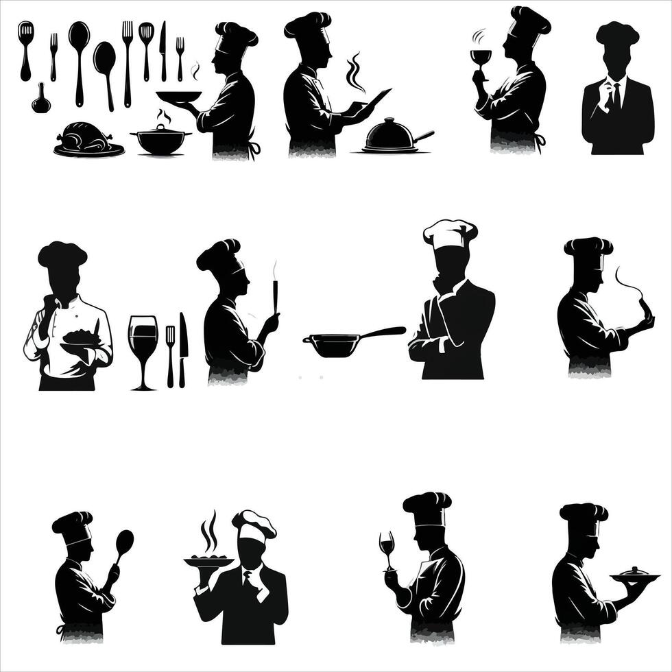 chef d'impression silhouette , chef pose silhouette , chef permanent silhouette , cuisine silhouette , nourriture silhouette , chef personnage silhouette , cuisine silhouette vecteur