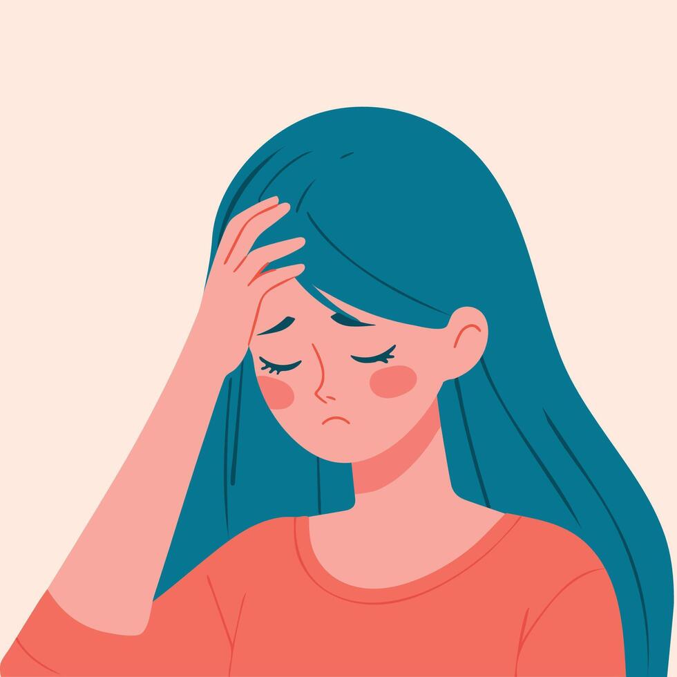 stressé malheureux femmes œil fermé un main sur tête migraine mal de crâne l'amour échec en pensant à propos passé seul Jeune fille plat vecteur illustration longue cheveux triste visage expression cri déprimé émotion ressentir