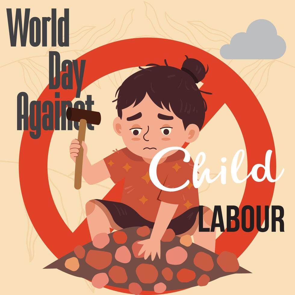 illustration de monde journée contre enfant la main d'oeuvre avec les enfants travail pour le nécessités de vie. enfant martelage pierre interdiction signe pour campagne modèle vecteur