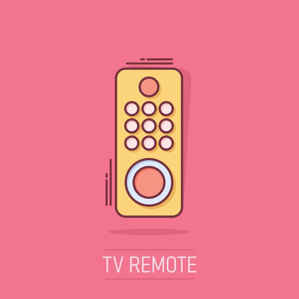 icône de la télécommande du téléviseur dans le style comique. illustration vectorielle de signe de dessin animé de télévision sur fond blanc isolé. diffuser le concept d'entreprise effet splash. vecteur