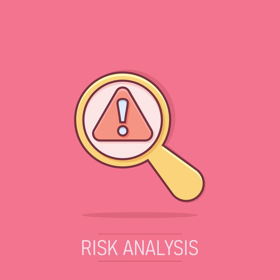 icône d'analyse des risques dans le style comique. illustration de vecteur de dessin animé de loupe d'exclamation sur fond blanc isolé. concept d'entreprise d'effet d'éclaboussure d'attention.