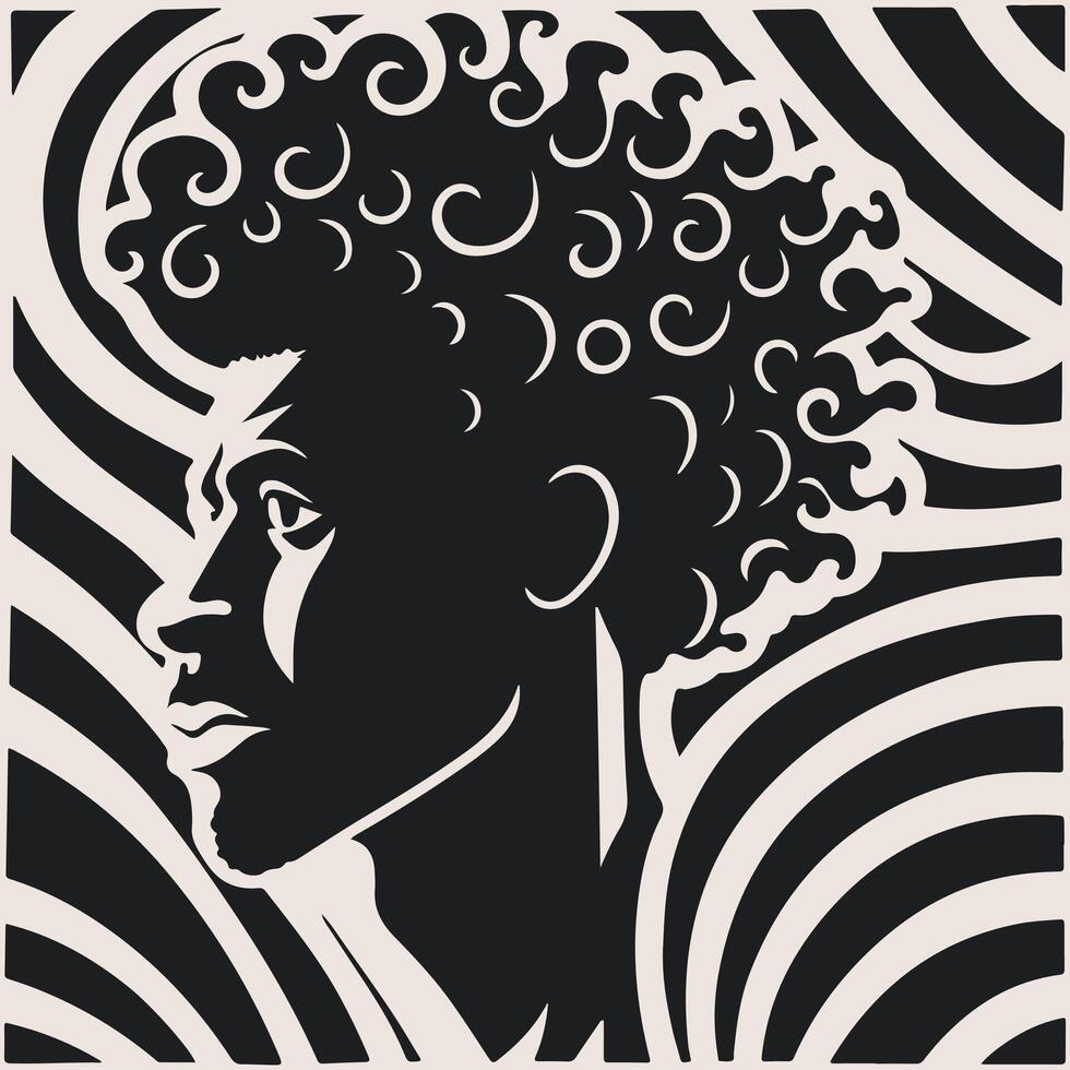 abstrait art vecteur contour illustration de africain homme affronter. noir et blanc coloration page de Humain visage portrait. moderne imprimer, affiche image.