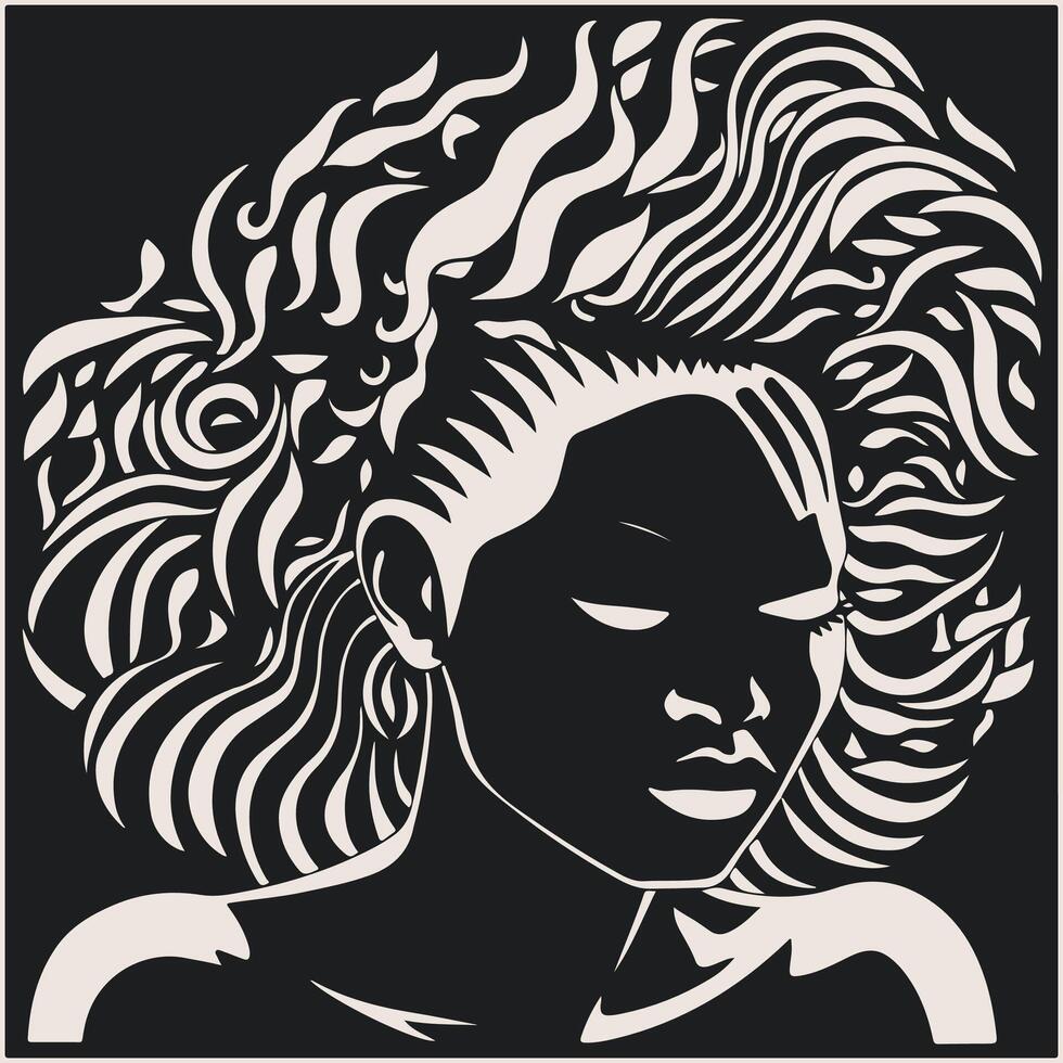 abstrait art vecteur contour illustration de africain femme affronter. noir et blanc coloration page de fille visage portrait. moderne imprimer, affiche image.