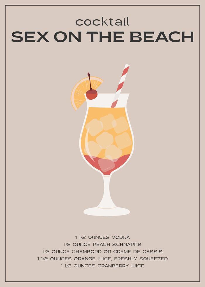 sexe sur le plage tropical cocktail garni avec Orange et cerise. classique alcoolique boisson recette mur art imprimer. été apéritif affiche. contemporain alcoolique boisson placard. vecteur illustration