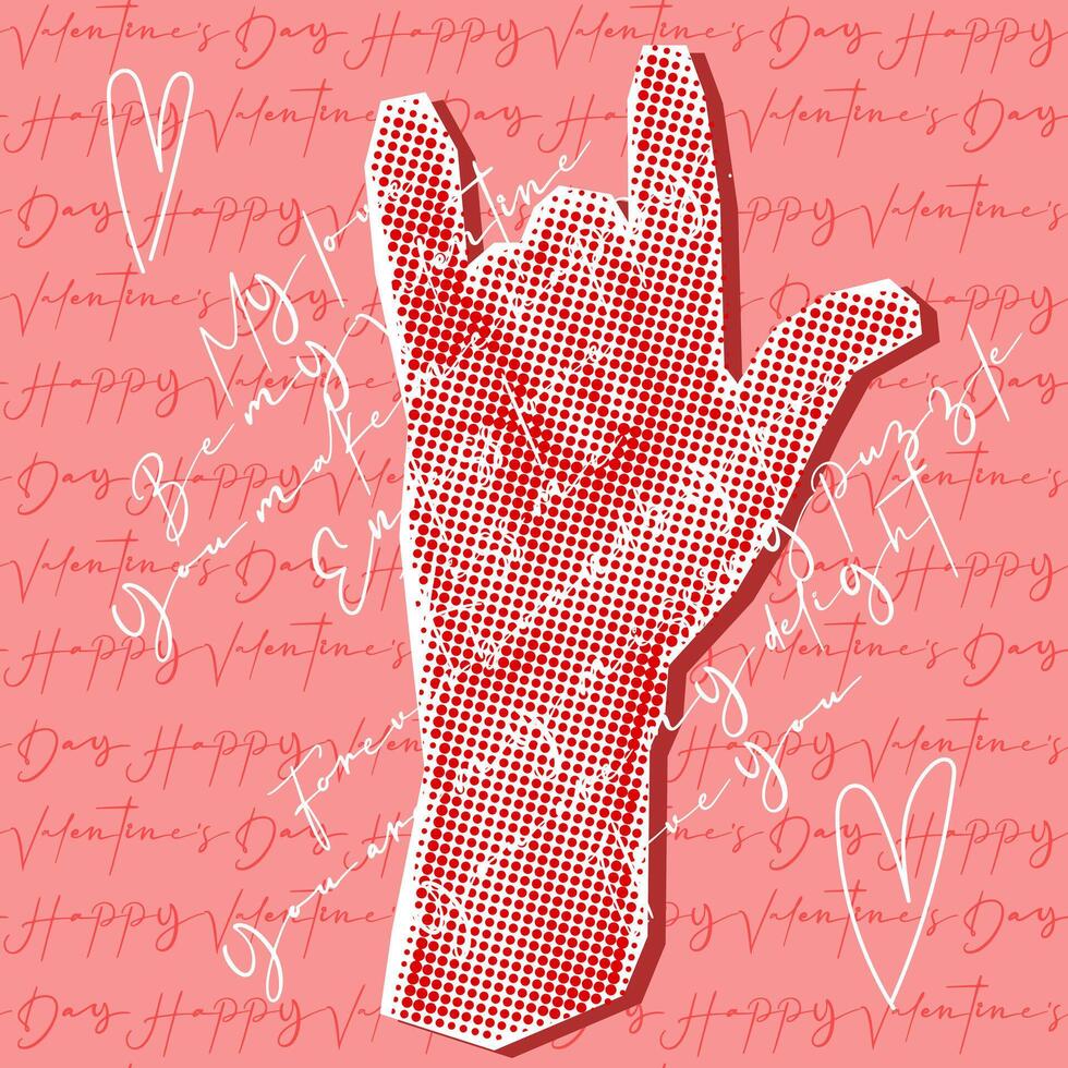 une main dans le signe je l'amour vous grunge pop art points sur la Saint-Valentin journée. rose Contexte avec les inscriptions et une main dans points pour une carte postale à une aimé un. une déclaration de l'amour et une cœur. collage vecteur