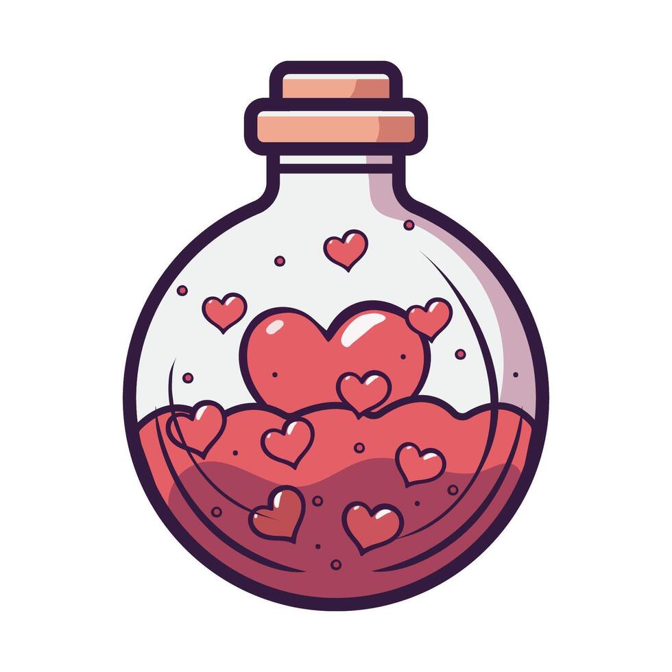 l'amour potion isolé sur blanc Contexte. dessin animé fantaisie la magie épeler cœur élixir. sorcière alchimie bouteille, l'amour Fiole. aphrodisiaque ballon. vecteur illustration.