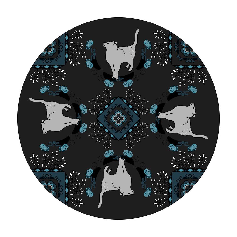 mandala. mignonne chat. modèle. foncé gris et turquoise bleu. vecteur