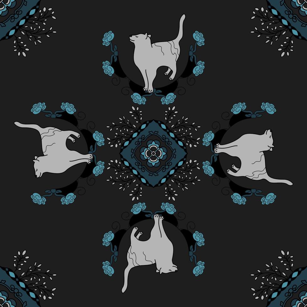 sans couture modèle. mandala. mignonne chat. foncé gris et turquoise bleu. vecteur