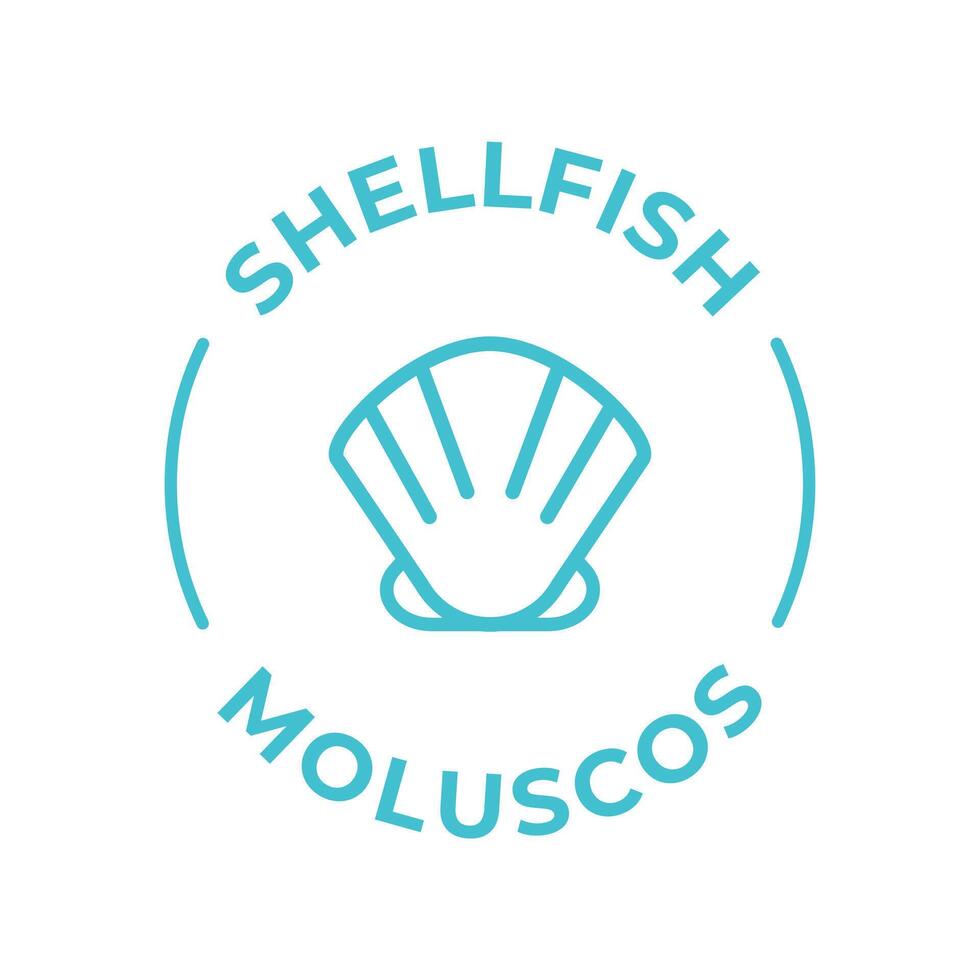 Facile isolé vecteur logo badge ingrédient avertissement étiqueter. coloré allergènes Icônes. nourriture intolérance fruits de mer. écrit dans Espagnol et Anglais