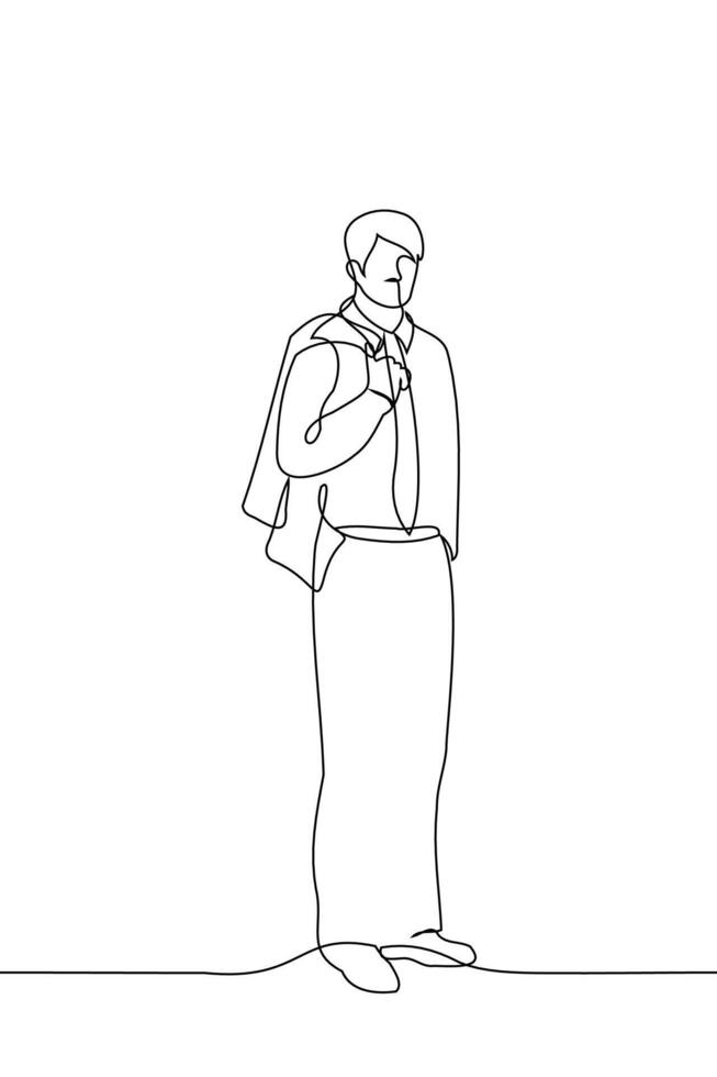 homme dans une chemise, pantalon et une longue attacher des stands avec le sien veste jeté retour derrière le sien retour et regards à le téléspectateur - un ligne dessin vecteur. concept une officiellement habillé homme a pris de le sien veste vecteur