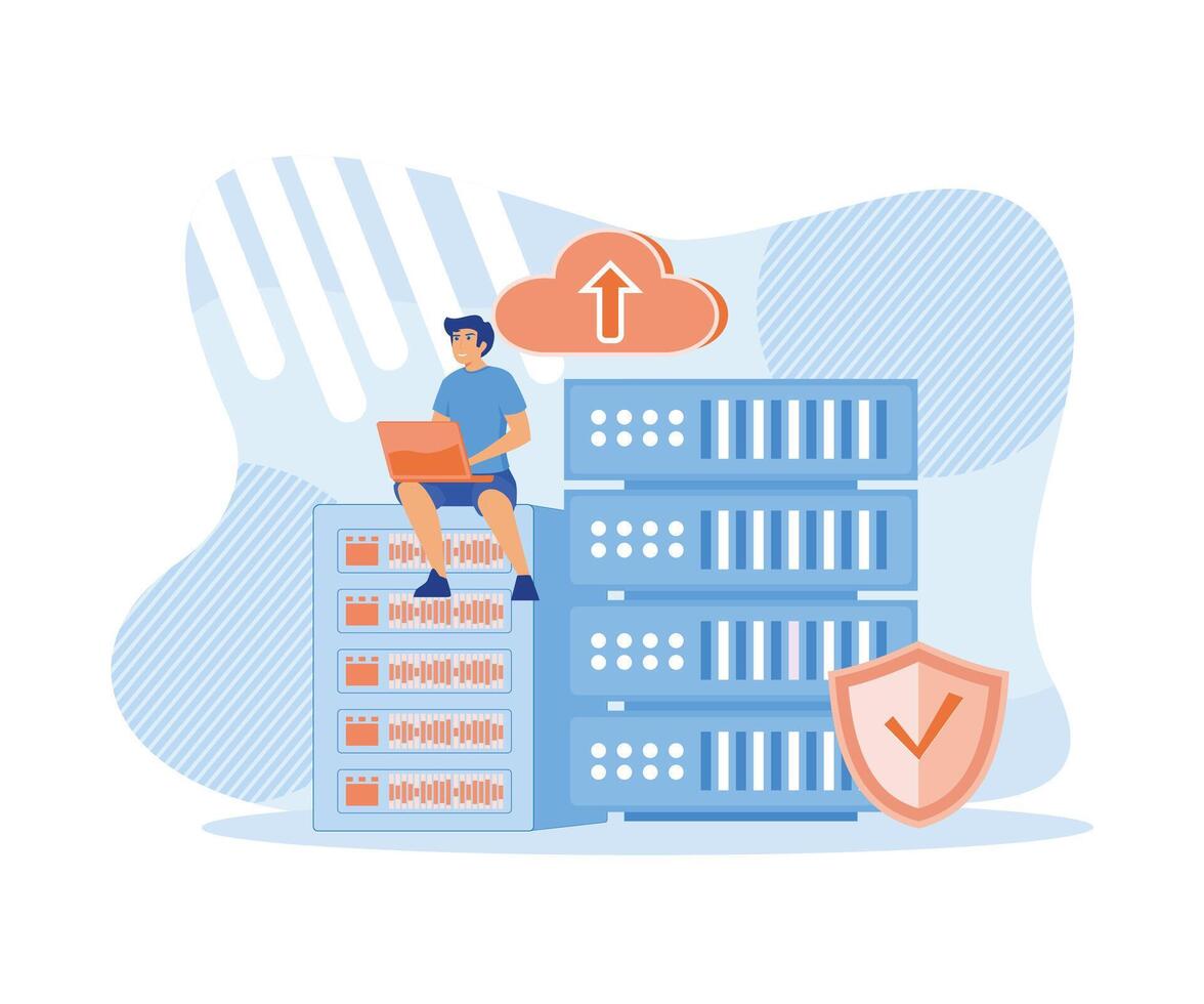 nuage l'informatique concept. homme séance sur grille en cours d'analyse fichier la gestion sur portable. plat vecteur moderne illustration