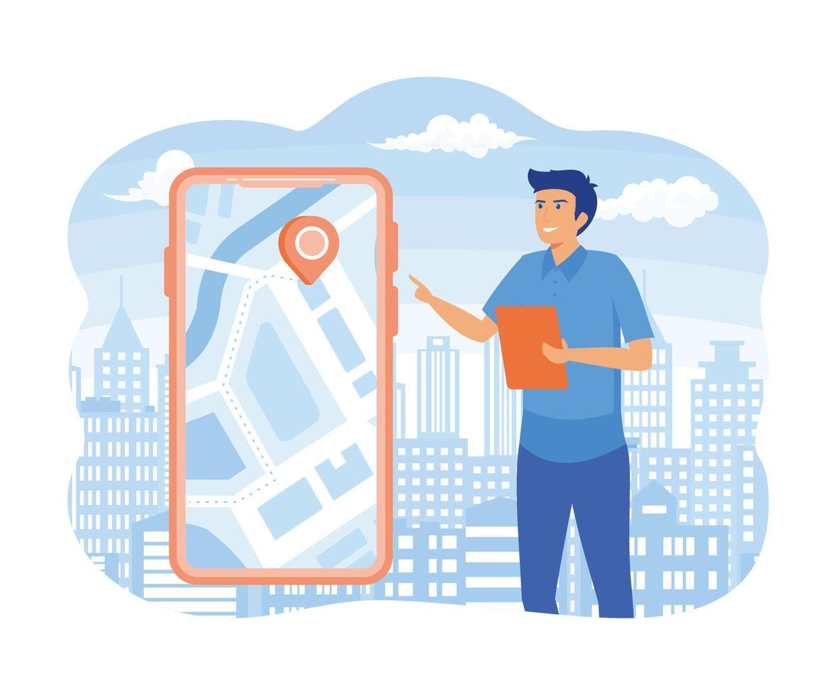 homme en utilisant Plans app sur cellule téléphone. Masculin en essayant à naviguer terrain, bâtiment itinéraire. chercher par géolocalisation GPS navigateur suivi emplacement de la personne Plans la navigation avec point marqueur. vecteur