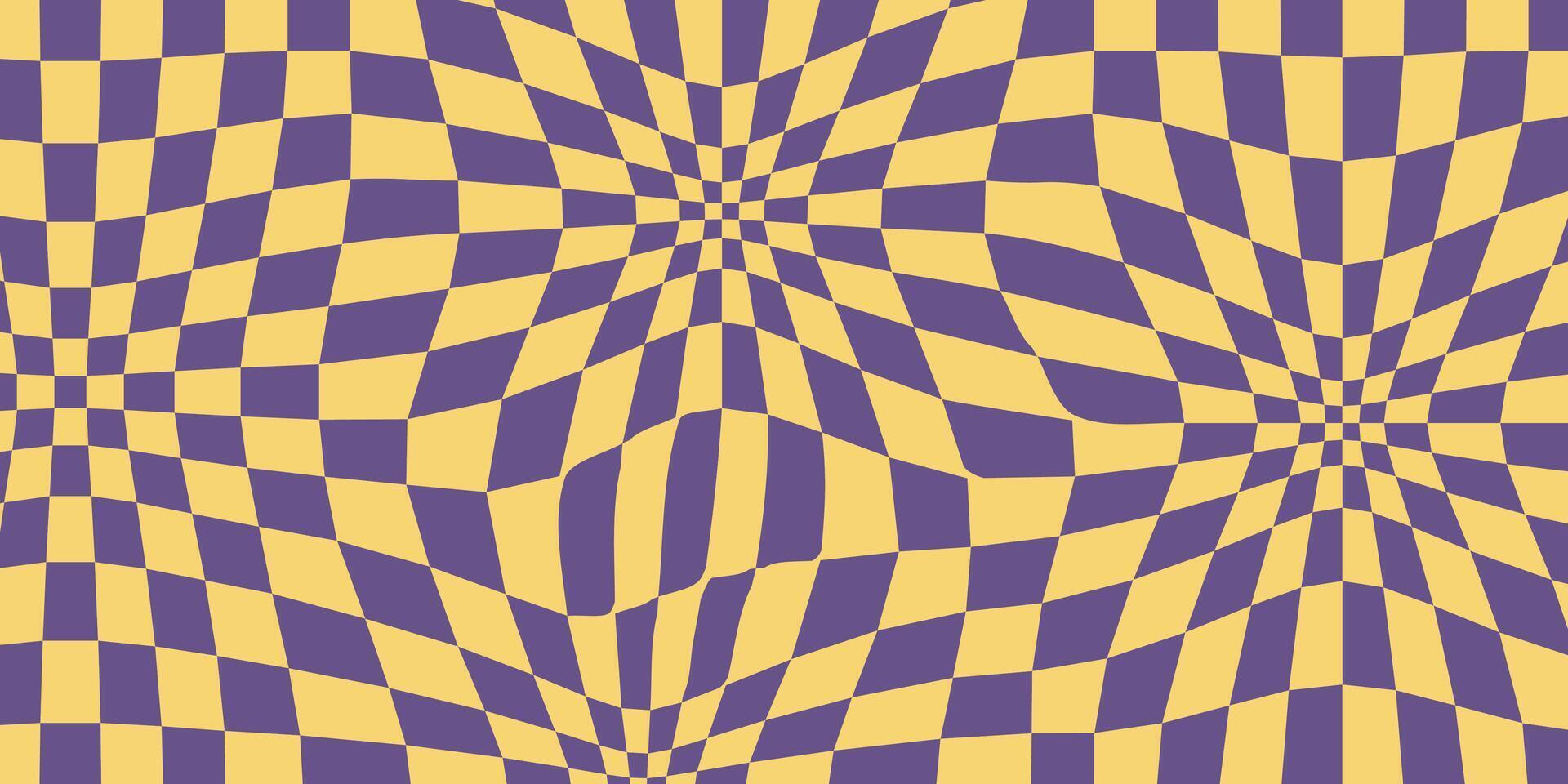 Années 70 ambiance sensationnel damier motifs. abstrait la grille arrière-plans dans une psychédélique rétro style dans Jaune et violet couleurs. vecteur