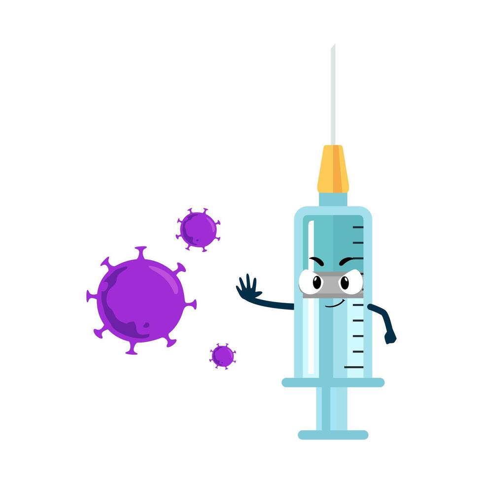 vaccin et seringue mascotte illustration combats encore corona virus, anti virus médicament combats retour covid-19 vecteur