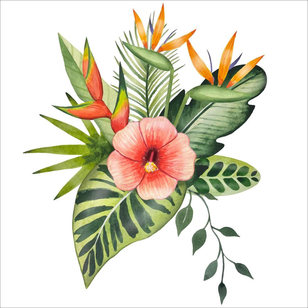 main tiré bouquet avec tropical feuilles et fleurs, aquarelle vecteur