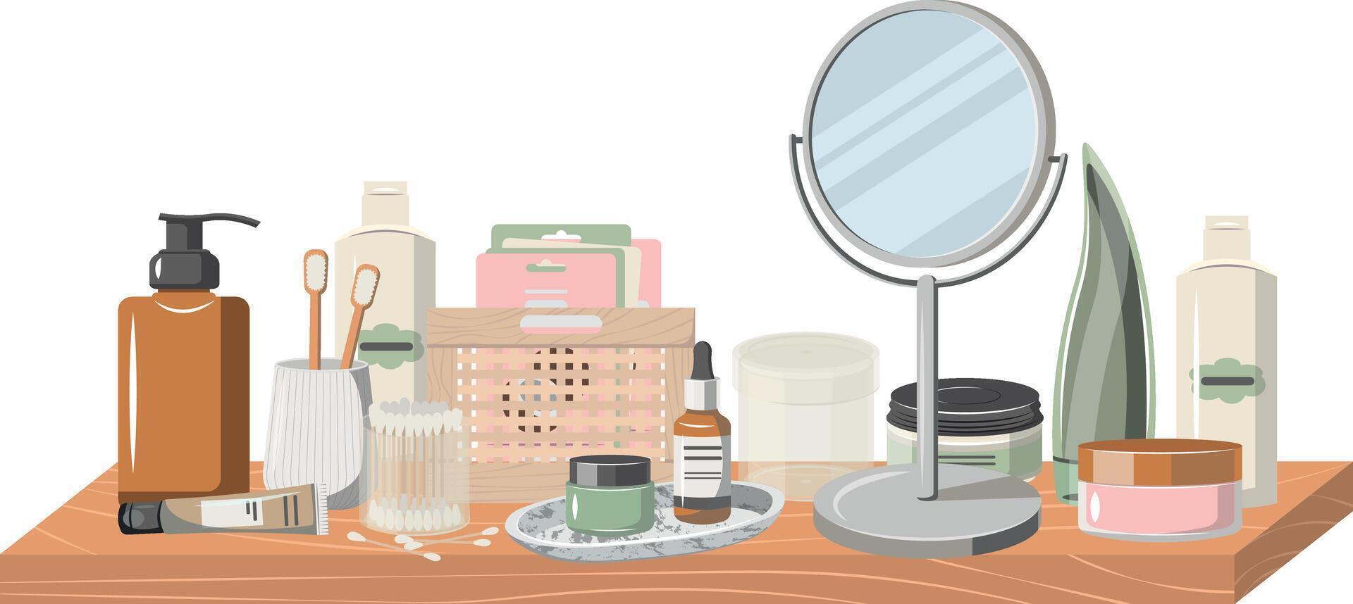 Naturel biologique cosmétique permanent sur étagère. bouteilles, bocaux, tubes de lotion, crème, huile, frotter, sérum, gel dans éco amical emballage. plat vecteur dessin animé illustration isolé sur blanc Contexte