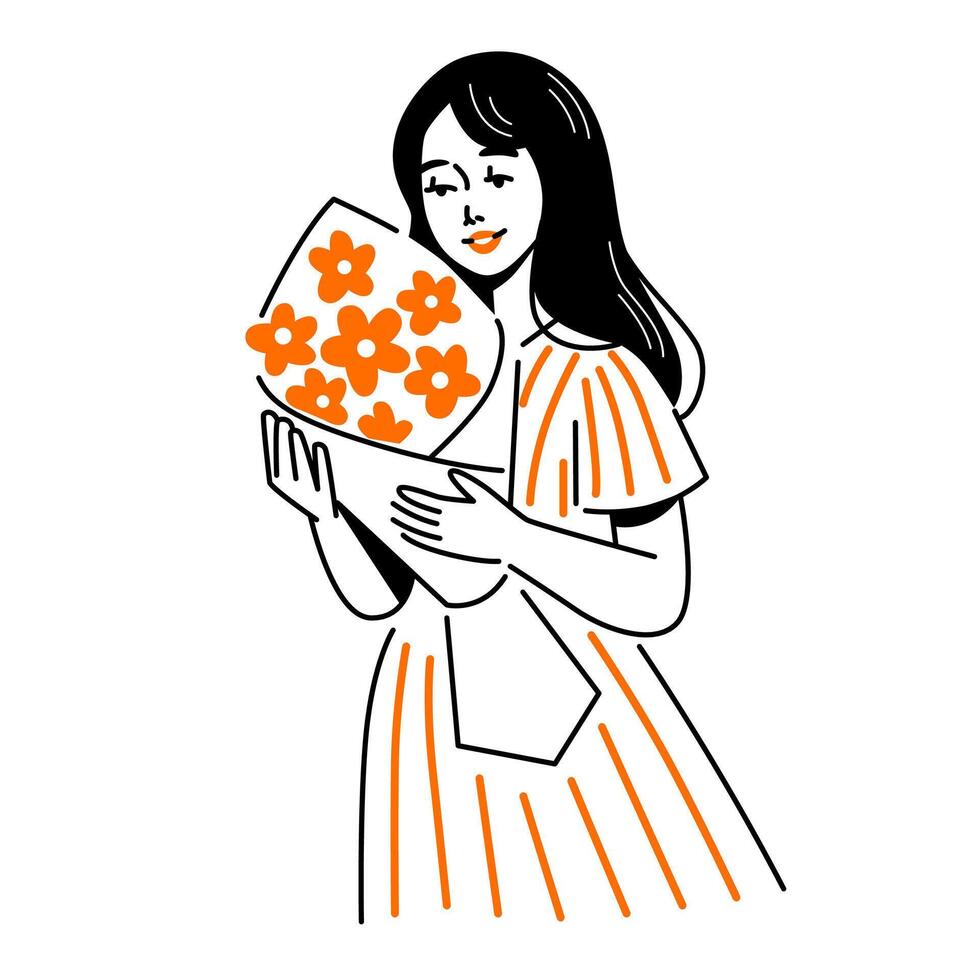 illustration de femme avec bouquet vecteur