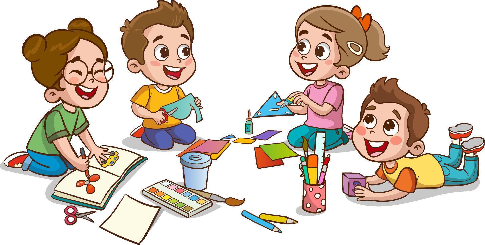 les enfants dessin avec des crayons et des peintures. vecteur illustration de une groupe de enfants.peu mignonne des gamins Couper papier pour art avec ami.