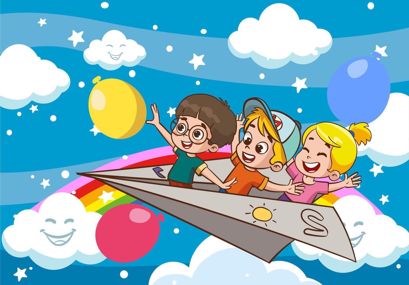 dessin animé des gamins en volant avec papier avion.enfants balade papier avion vecteur illustration