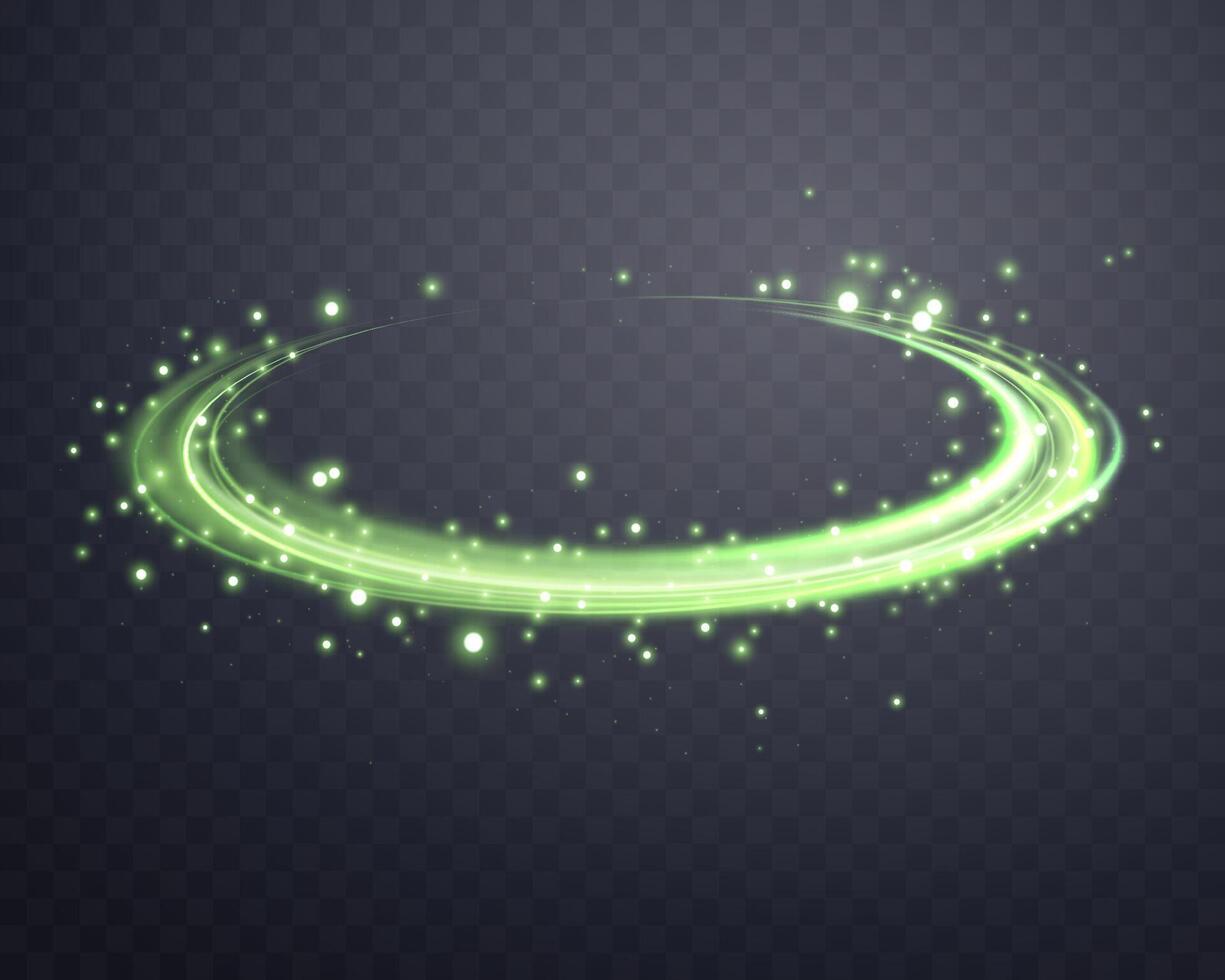 embrasé vert la magie anneaux. dynamique orbital éclater Halo anneau. néon réaliste énergie swoosh tourbillon. abstrait lumière effet. vecteur illustration.