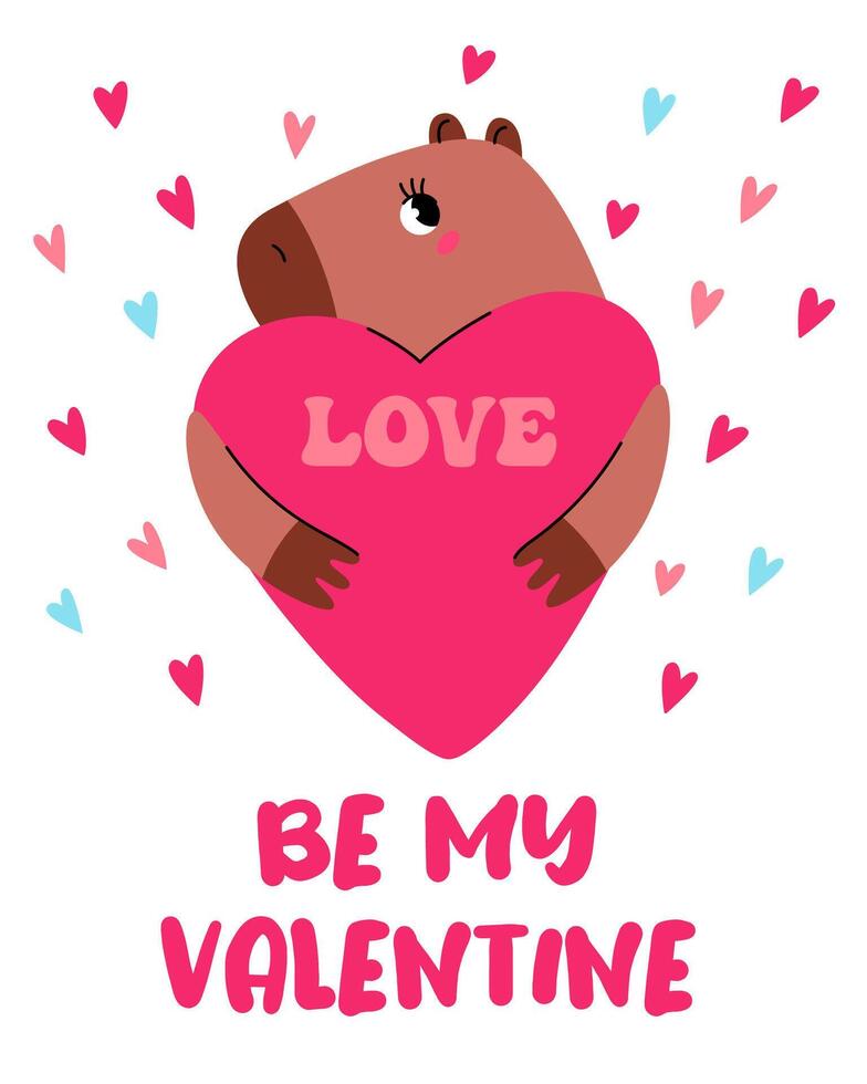 Valentin journée carte. mignonne charmant capybara avec cœur. être mon valentine.vecteur dessin animé illustration pour imprimer. vecteur