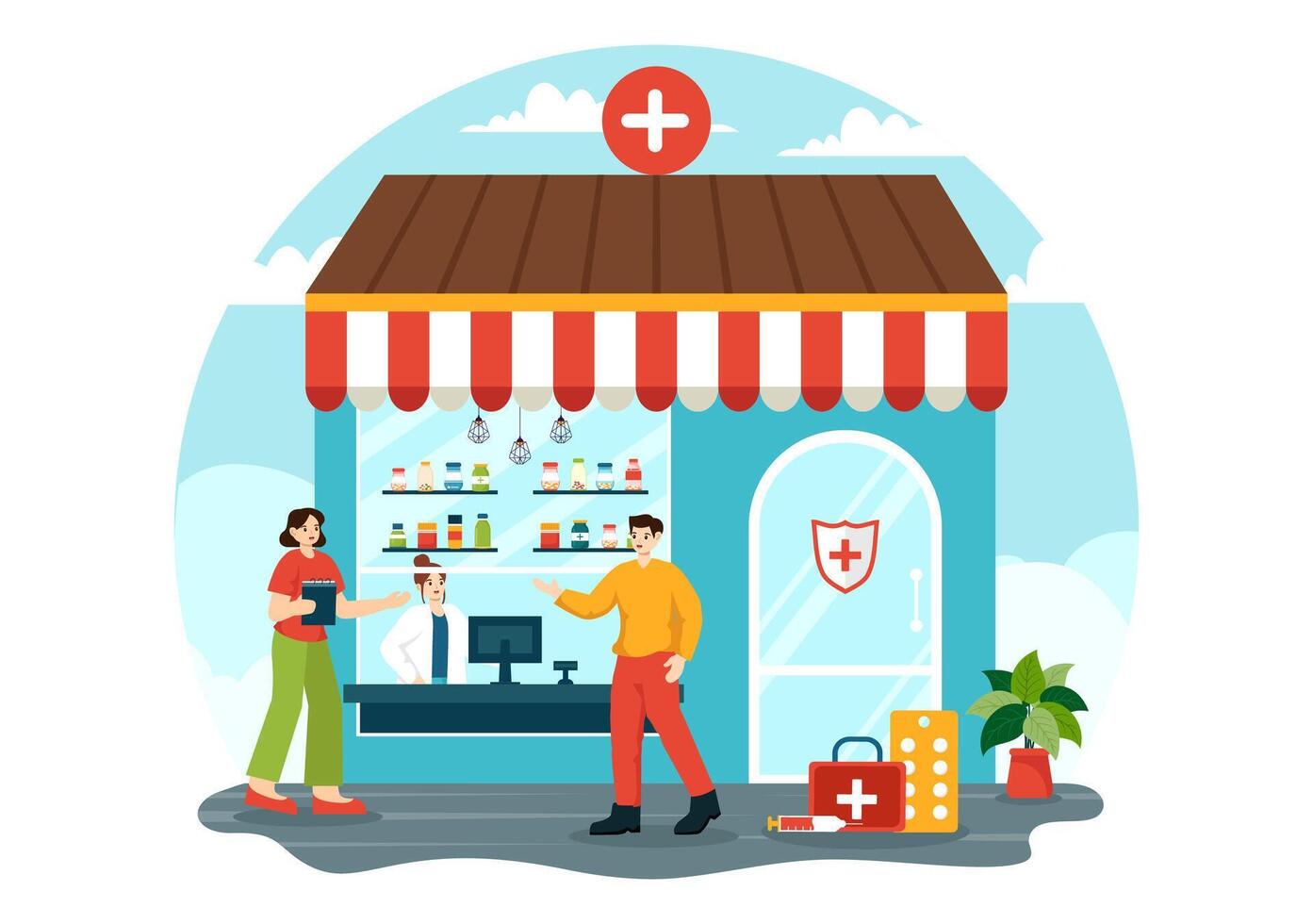drogue boutique vecteur illustration avec magasin pour le vente de drogues, une pharmacien, médecine, capsules et bouteille dans soins de santé plat dessin animé Contexte