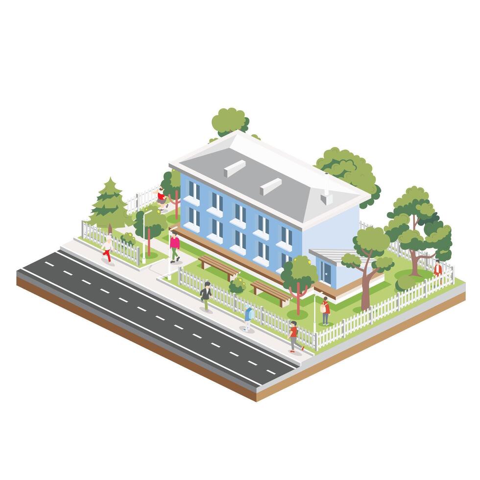 isométrique Résidentiel deux étage bâtiment avec personnes, route et des arbres. icône ou infographie élément. ville maison. architectural symbole isolé sur blanc Contexte. 3d objet. vecteur