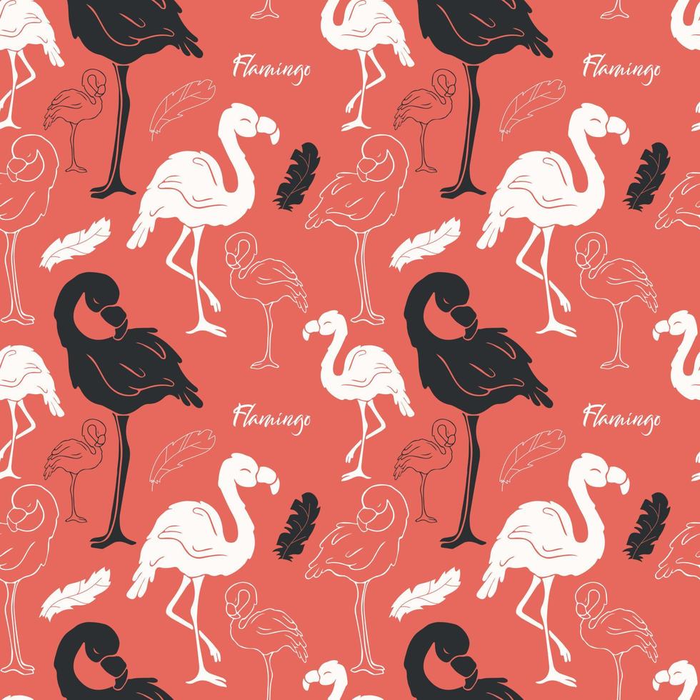 modèle sans couture. vecteur .flamants roses. griffonnage. oiseau de contour. contour. Flamant rose. fond rouge. oiseaux colorés. mots